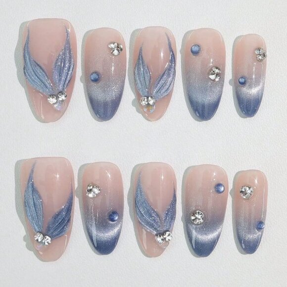 Other - Mermaid Ombre Press-On Nails - Blue Glitter | Leaf | Rhinestone | Short Almond
